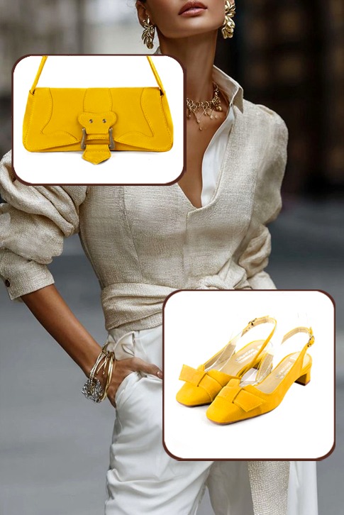 Women's yellow elegant slingback heels. Square toe. Low kitten heels - Worn view